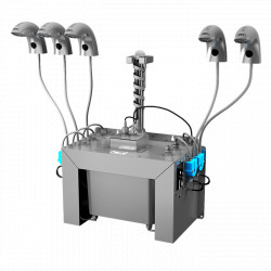 Sanela - Automatická nerezová stojánková baterie (5 ks) s centrálním dávkovačem mýdla a elektronikou ALS pro jednu vodu, nádržka na mýdlo 6 l, 230 V AC