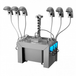 Sanela - Automatická nerezová stojánková baterie (6 ks) s centrálním dávkovačem mýdla a elektronikou ALS pro jednu vodu, nádržka na mýdlo 6 l, 230 V AC